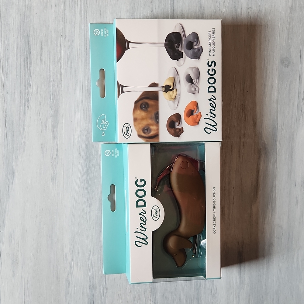 Winer dog corkscrew and wine glass markers